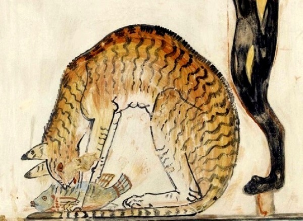 2. Chat tigré domestique se nourrissant dun poisson fresque égyptienne antique.